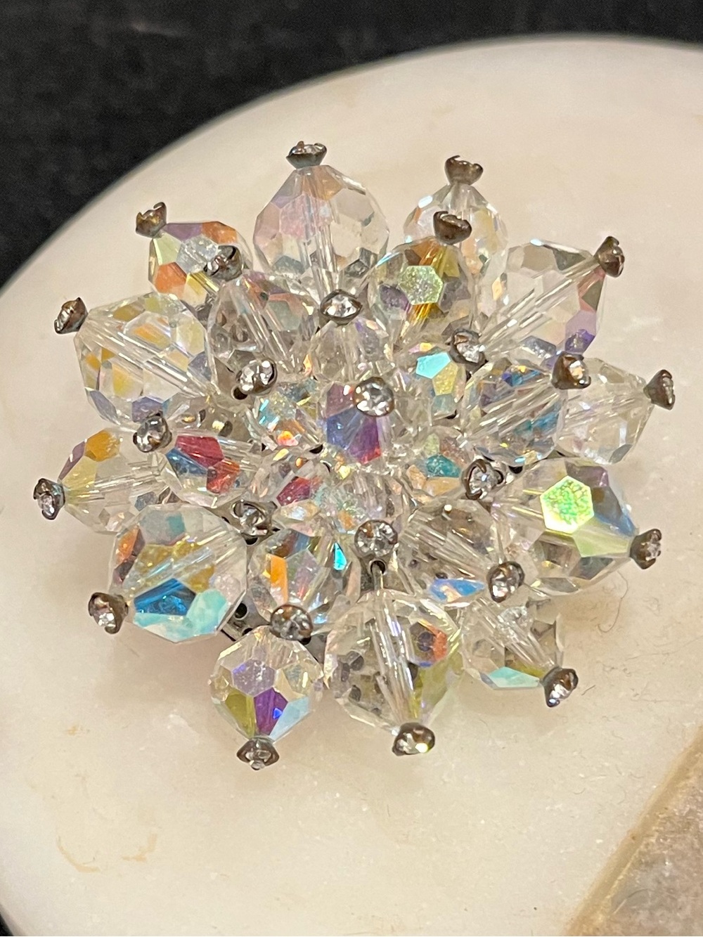 Vintage Crystal Aurora Borealis Cluster Bead Flower Brooch - Clear